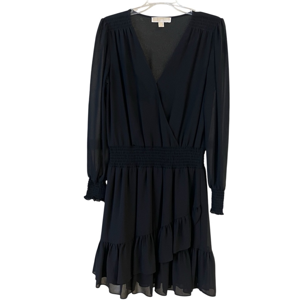 Michael Kors Black Long Sleeve Ruffle Faux Wrap Dress